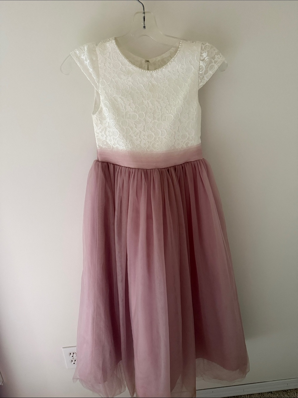 JJs House White Lace Top with Mauve Tulle Skirt Flower Girl Dress